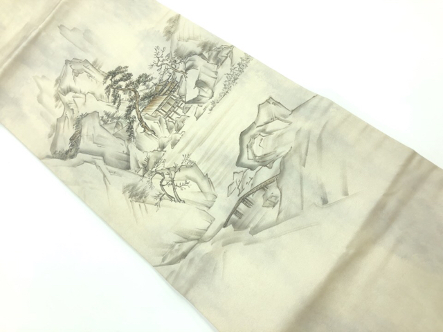 リサイクル　岩山に家屋風景模様名古屋帯